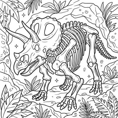 Dive into the prehistoric world with this fascinating Triceratops skeleton coloring page, perfect for dinosaur enthusiasts of all ages. This intricate line art invites you to bring the ancient past to life with your favorite colors and creative flair.