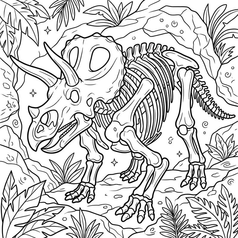 Dive into the prehistoric world with this fascinating Triceratops skeleton coloring page, perfect for dinosaur enthusiasts of all ages. This intricate line art invites you to bring the ancient past to life with your favorite colors and creative flair.