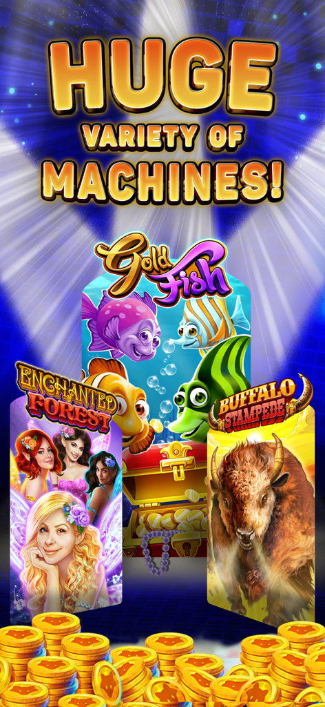 Promotion showing a variety of slot machine themes including Gold Fish and Enchanted Forest with gold coins