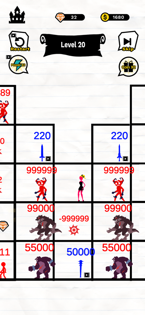 Stick Battle: Mighty Tower War - Gameplay screenshot of Stick Battle Mighty Tower War showing a level with numbered stickman enemies and power up items in a grid layout