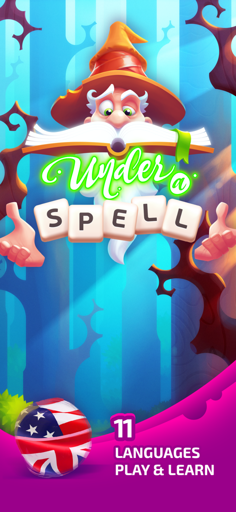 Ecrã do jogo de palavras Under a Spell com um feiticeiro a ler um livro e suporte para 11 idiomas