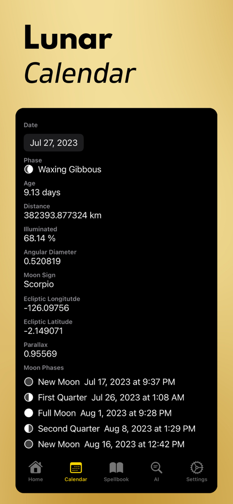 Wicca: Witchcraft & Spells - A screenshot of the Lunar Calendar screen in the Wicca app displaying detailed moon phases, illumination, and astrological data.