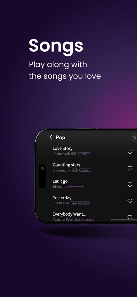 AeroBand Guitar app screen displaying a list of popular pop songs to play along with including Taylor Swift and OneRepublic