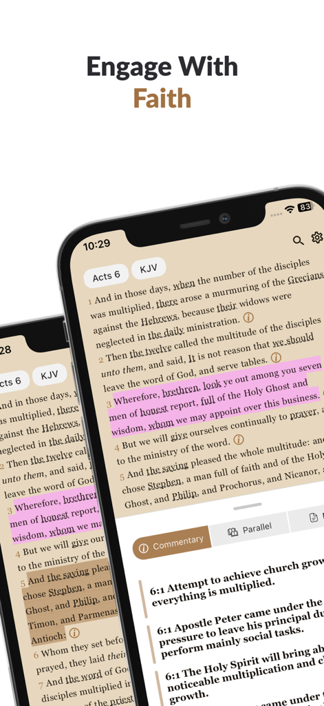 Dag Bible - Aplicación Biblia Dag que muestra las escrituras resaltadas y el comentario ministerial en la pantalla de un teléfono inteligente