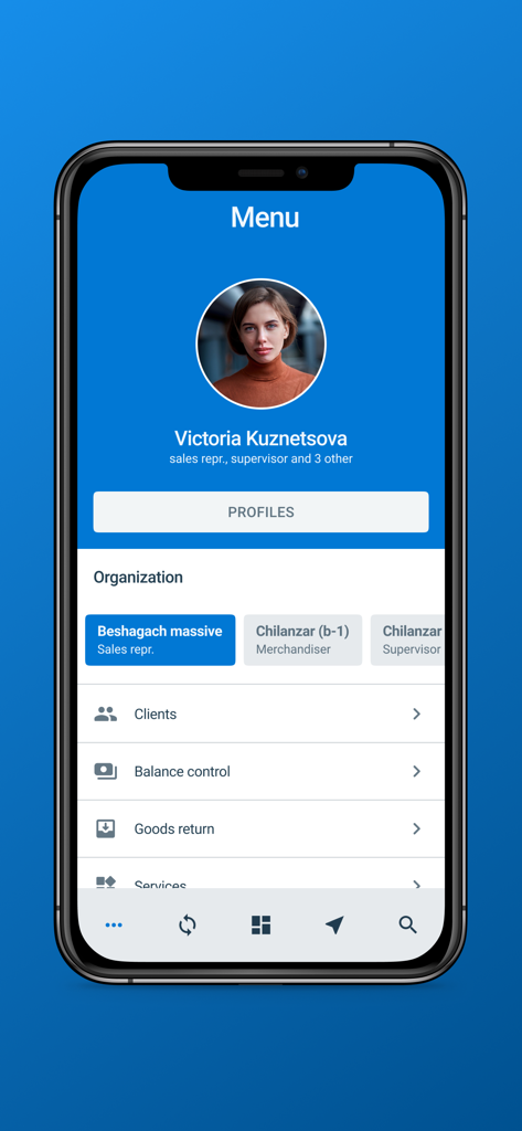 Menú de la aplicación móvil Smartup ERP que muestra el perfil del usuario y la configuración de la organización.
