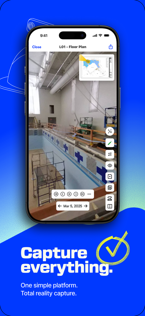 Smartphone showing the OpenSpace construction app with a 360-degree site capture and floor plan overlay