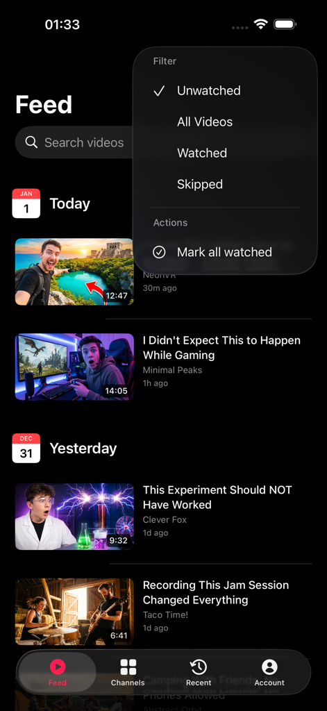 MeTube - Your Channels Only - Interface de l'application MeTube montrant un flux vidéo chronologique avec un menu de filtres ouvert pour les vidéos non vues, vues et ignorées.