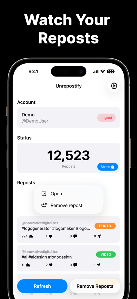 Social Automation: Unrepostify - Mobile App-Oberfläche für Unrepostify, die die Gesamtzahl der Social-Media-Reposts und Optionen zum Entfernen anzeigt