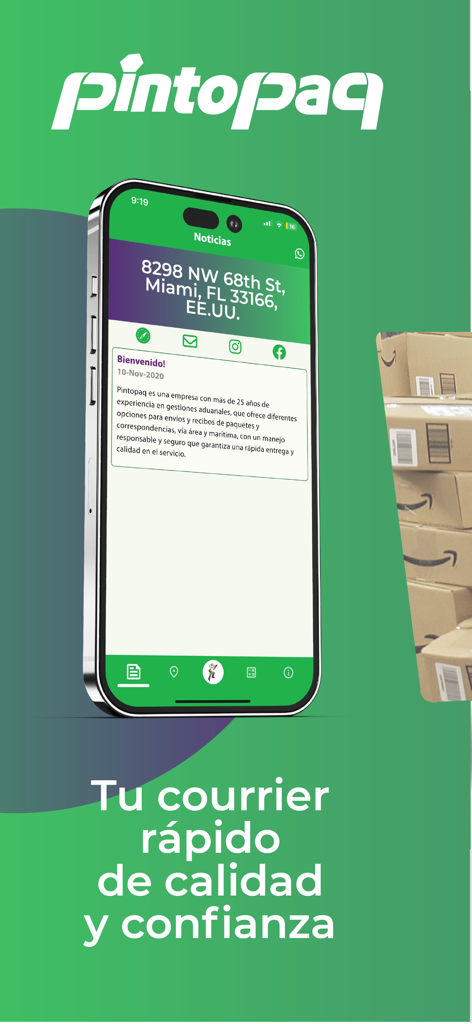 Pintopaq mobile app interface on a smartphone screen showing a Miami shipping address and courier services information in Spanish