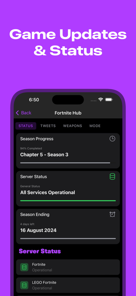 FNTrack - FN Companion App - Interfaz de la app FNTrack mostrando el estado de los servidores de Fortnite y el progreso de la temporada