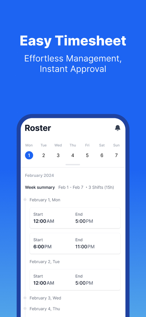 Quadro de horários do aplicativo de agendamento de funcionários mostrando turnos diários e resumos semanais em uma interface de iPhone