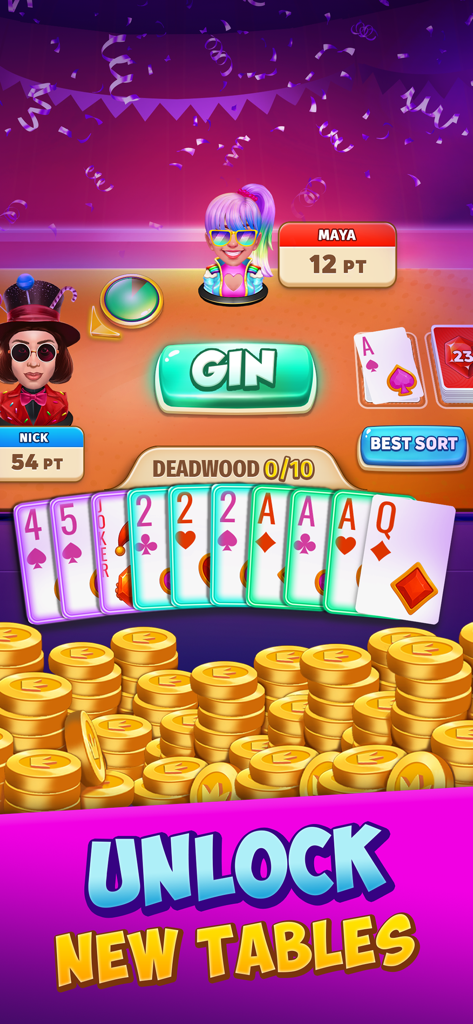 Gin Rummy Stars gameplay showing a winning hand, player avatars, and a large pile of gold coins with the text Unlock New Tables.