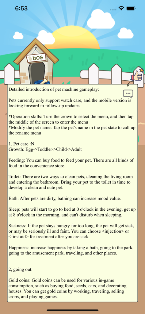 Peggy Cat - A Virtual Pet - A detailed gameplay introduction for Peggy Cat showing pet care instructions and mechanics against a cartoon dog house background.