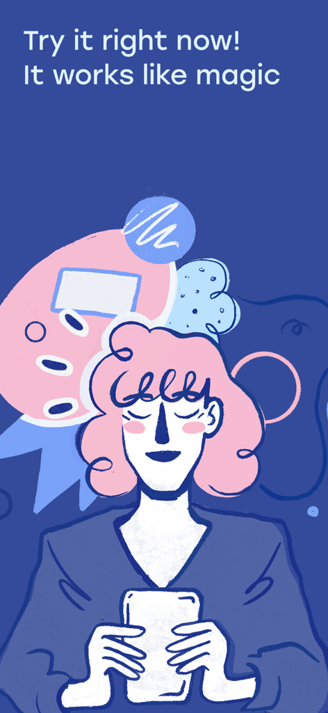 Una ilustración artística de una persona tranquila usando la aplicación de terapia con IA OhSofia en su smartphone con el texto Pruébalo ahora mismo Funciona como por arte de magia