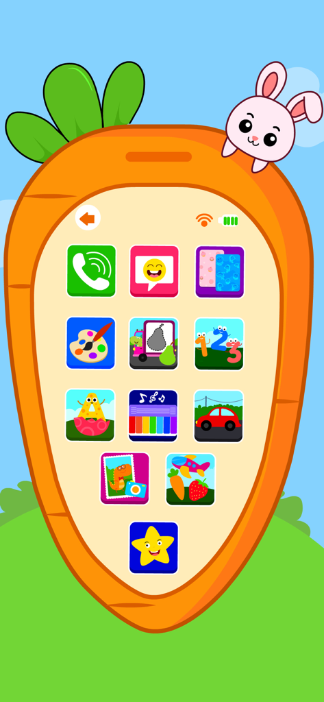 Interfaccia del telefono per bambini a forma di carota con icone di gioco colorate e un simpatico coniglietto rosa