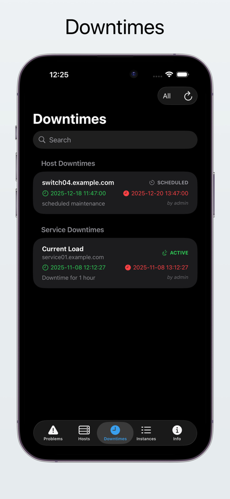 easyNag Monitoring - easyNag Monitoring app interface showing scheduled and active host and service downtimes in dark mode