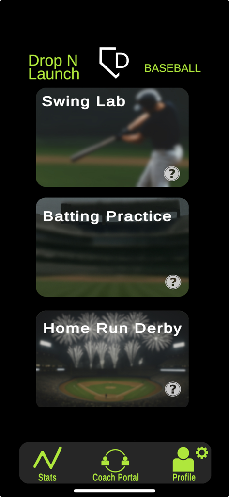 Drop N Launch - Drop N Launch mobile app main menu featuring Swing Lab Batting Practice and Home Run Derby modes