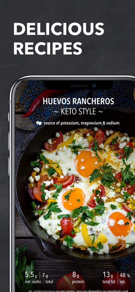 Keto Diet App interface showing a Huevos Rancheros recipe with macronutrient breakdown