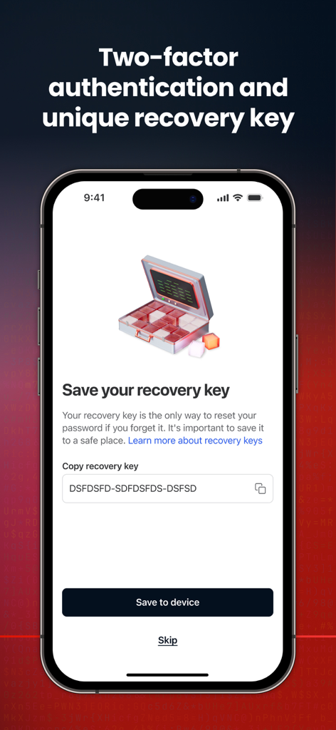 The recovery key screen in MEGA Pass Password Manager showing options to copy or save the account recovery code.