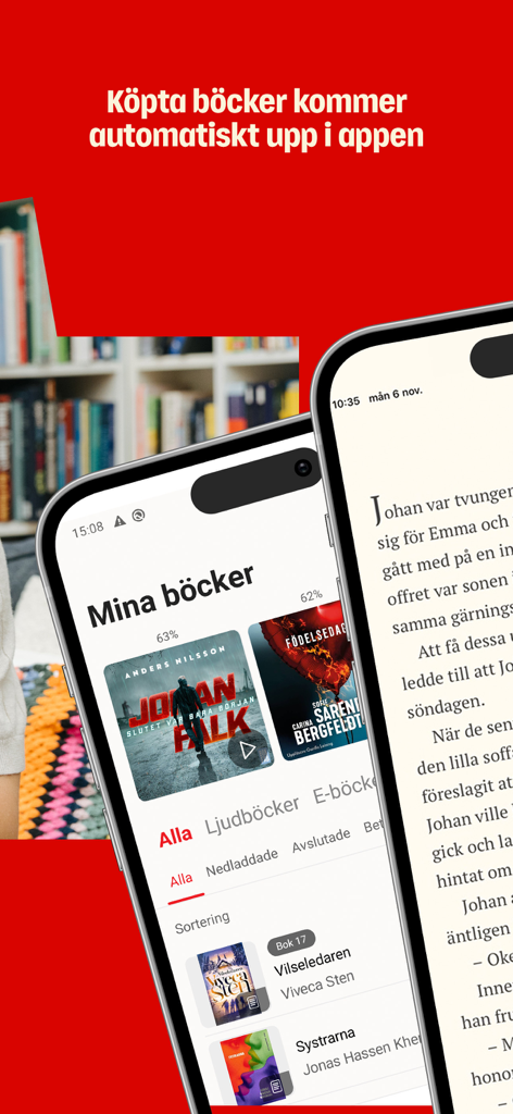 Adlibris Ljudböcker & E-böcker - Adlibris mobile App zeigt eine digitale Buchbibliothek und eine geöffnete E-Book-Seite an.