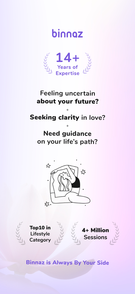 Binnaz wellness and astrology app intro screen highlighting 14 years of expertise and top lifestyle ranking