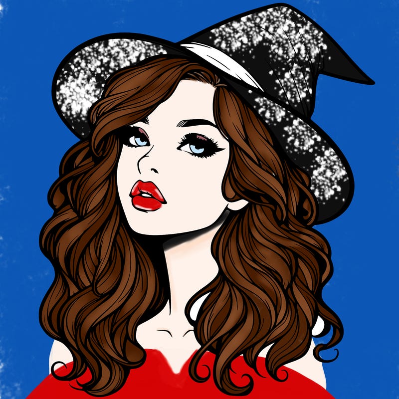 realistic witch girl with wavy hair and lips