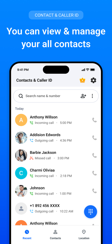 Interface do aplicativo Caller ID mostrando uma lista de chamadas recentes e contatos gerenciados