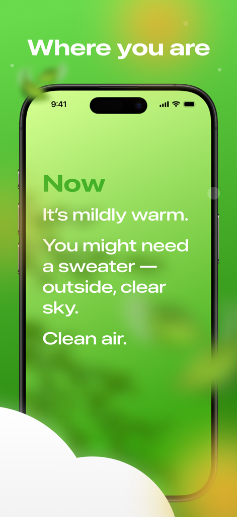 Weather — how you feel - Screenshot of the Weather how you feel app displaying a simple text based weather summary and clothing recommendation