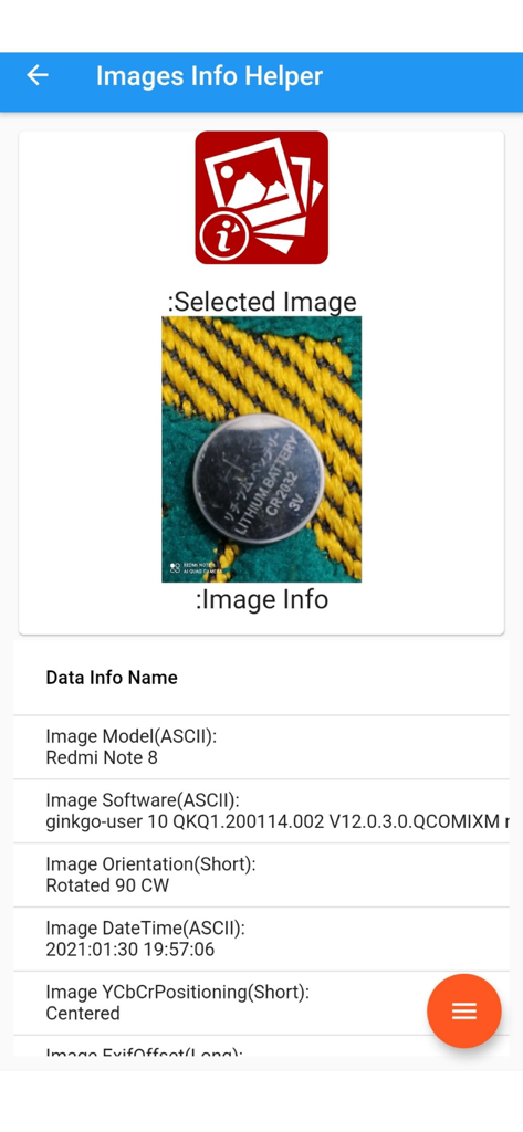 Read Image Info EXIF - Interface of Read Image Info EXIF app displaying technical photo metadata including camera model and capture time