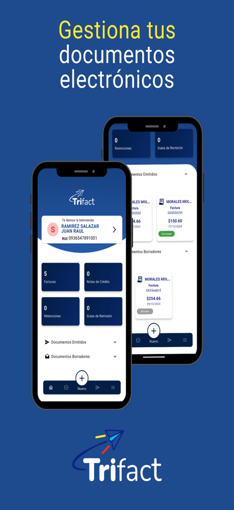 TRIFACT - Interface de l'application mobile TRIFACT montrant la facturation électronique et le tableau de bord de gestion des documents pour les entreprises équatoriennes