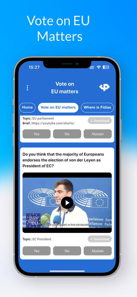 Fidias App - Fidias 앱의 모바일 앱 인터페이스에 찬성, 반대, 기권 옵션이 있는 유럽 의회 문제 투표 화면이 표시됩니다.