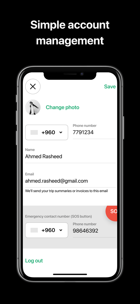 Nala Taxi Driver App - 드라이버 프로필 정보 및 비상 연락처 설정을 보여주는 Nala Taxi 드라이버 앱 계정 관리 화면