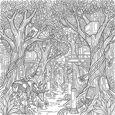 Step into a breathtaking fusion of nature and technology with this intricate cyberpunk forest coloring page. Discover robotic wildlife and glowing circuitry hidden among ancient trees, waiting for your creative touch.