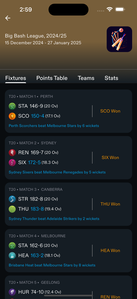 Partidos y resultados de la Big Bash League de cricket en la aplicación móvil