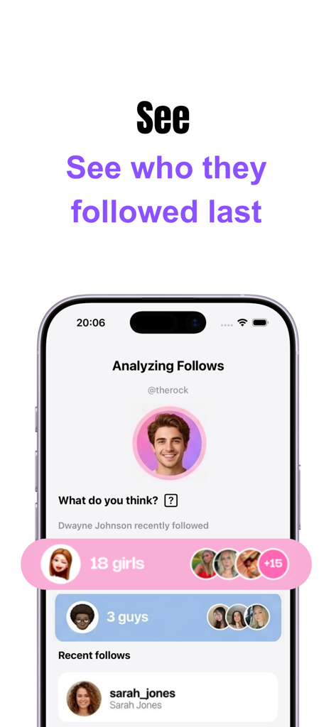 Lurk : Recent Follow Tracker - Smartphone screen showing the Lurk app interface which displays recent follow activity categorized by gender for a selected profile.