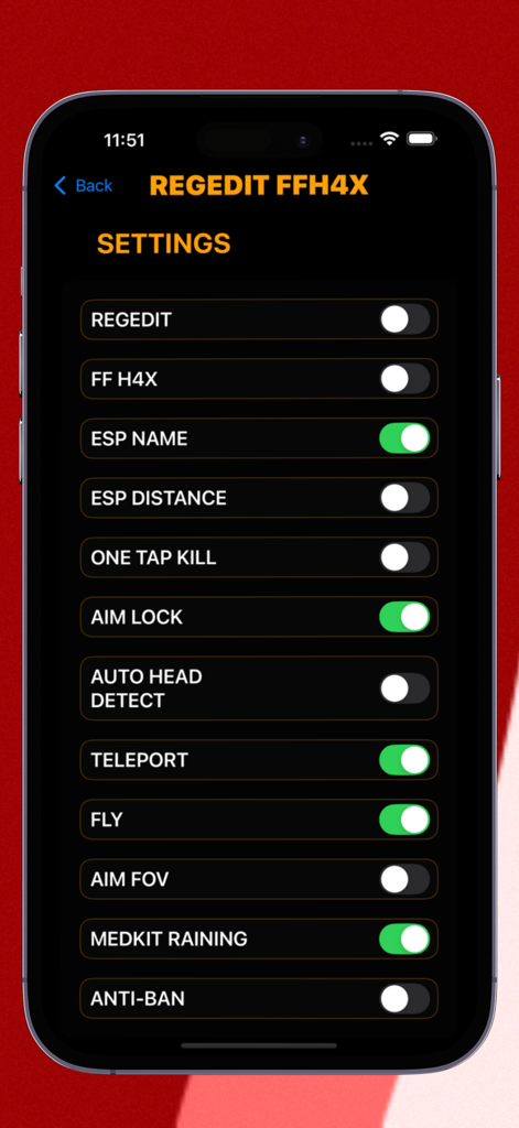 Regedit ffh4x vip mod menu - Mobile app interface showing the settings menu with toggles for various gaming optimizations like Aim Lock and Teleport