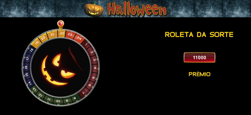 Halloween Caça Níquel - A Halloween themed lucky wheel with a glowing pumpkin face and a prize indicator showing eleven thousand points