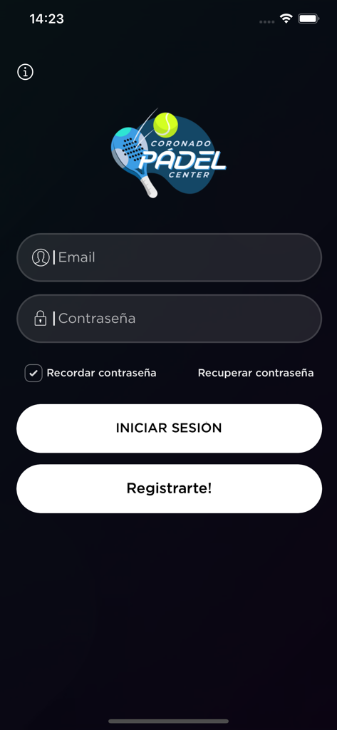Coronado Padel Center - Pantalla de inicio de sesión de la app Coronado Padel Center que muestra campos de correo electrónico y contraseña