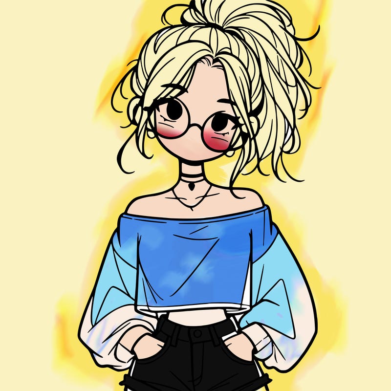 girl with a messy ponytail glasses a baggy crop top and jean shorts
