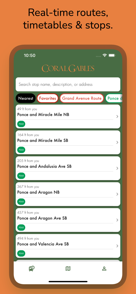 Interface do aplicativo Coral Gables Trolley Tracker mostrando paradas de trolley em tempo real e distâncias do usuário