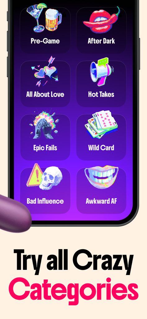 I Have Never: Dirty Game - Uno schermo di telefono cellulare che mostra diverse categorie di gioco per un gioco di società, tra cui Pre-Game, After Dark e Hot Takes.
