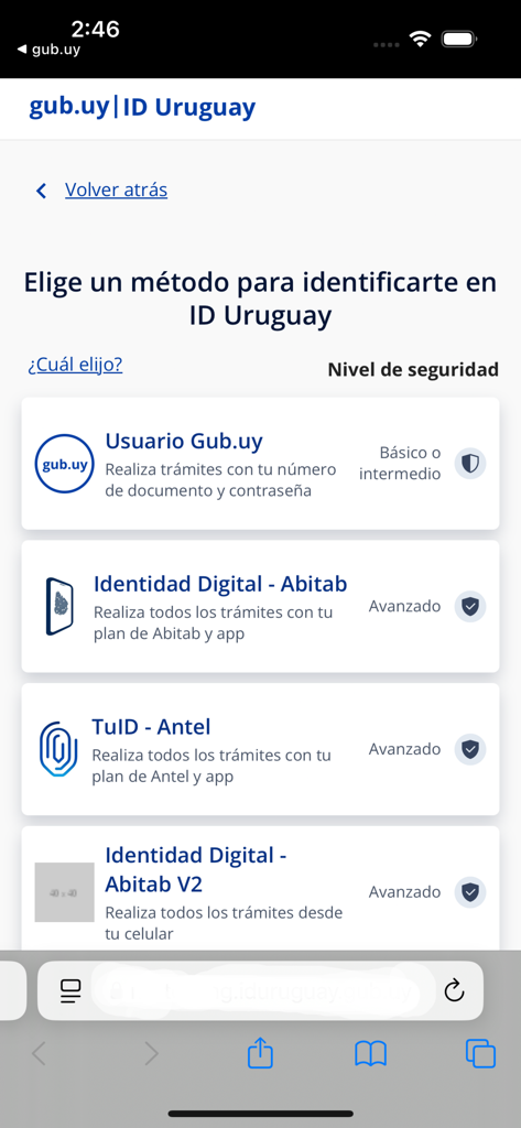 gub.uy - Selection of digital identity methods on the gub.uy app login page