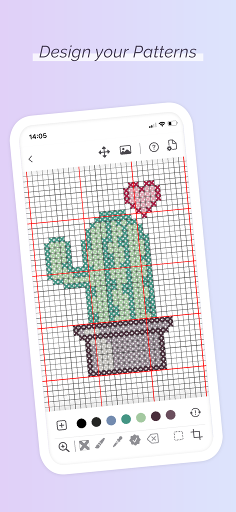 Smartphone screen showing a cactus cross stitch pattern being designed on a grid within the app interface