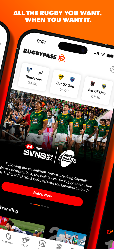RugbyPass – Live Scores & News - RugbyPass app home screen showing upcoming rugby matches and live streaming options.