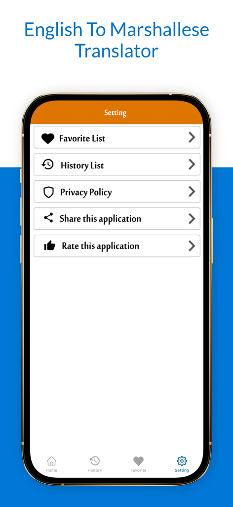 Settings menu of the English Marshallese Translator app displaying options for favorite list history privacy policy and app sharing