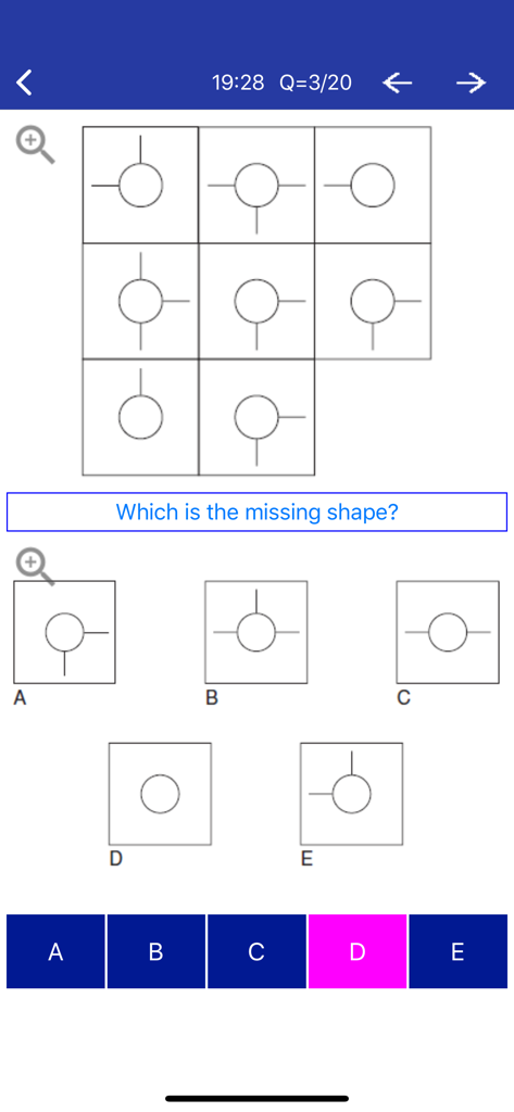 IQ Test & Training - A pattern recognition logic puzzle in the IQ Test and Training app where the user must choose the missing shape from multiple options