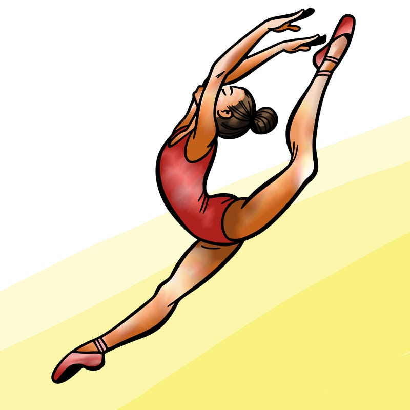 gymnast doing a leap in a leotard with a bent back leg