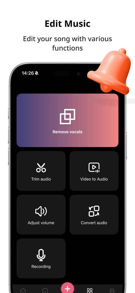 Vocal Remover & Acapella Maker - Dashboard of Vocal Remover app showing tools for removing vocals trimming audio and converting video to audio