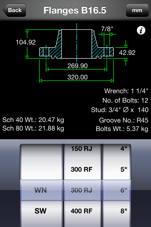Piping DataBase - Flanges - Technical diagram and specifications for B16.5 pipe flanges in the Piping DataBase mobile app.