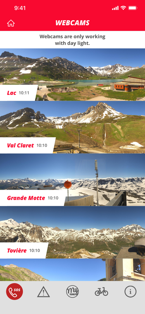 Tignes - Tignes mobile app webcam screen displaying live panoramic views of mountain locations including Lac, Val Claret, and Grande Motte.